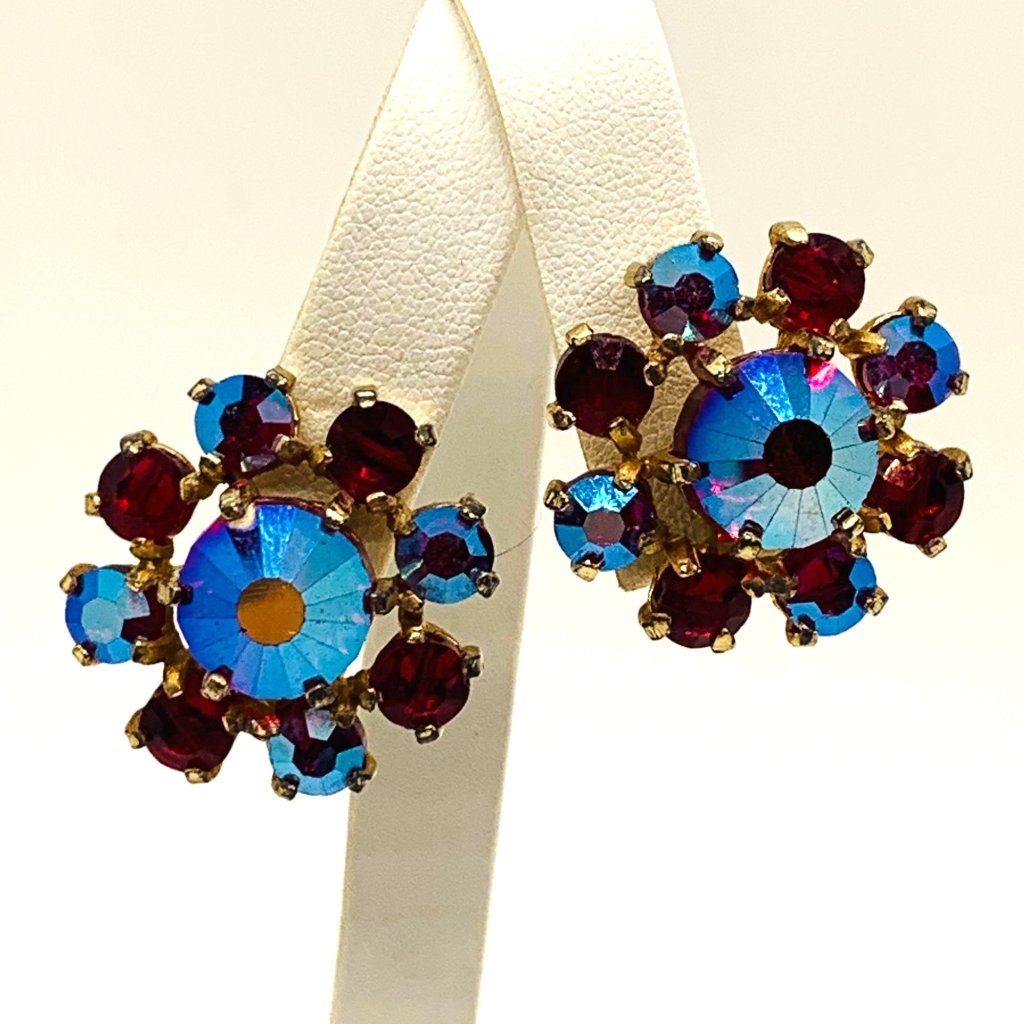 Castlecliff Earrings Clip On Red Blue Ab Prong Set Rhinestones Vintage Signed